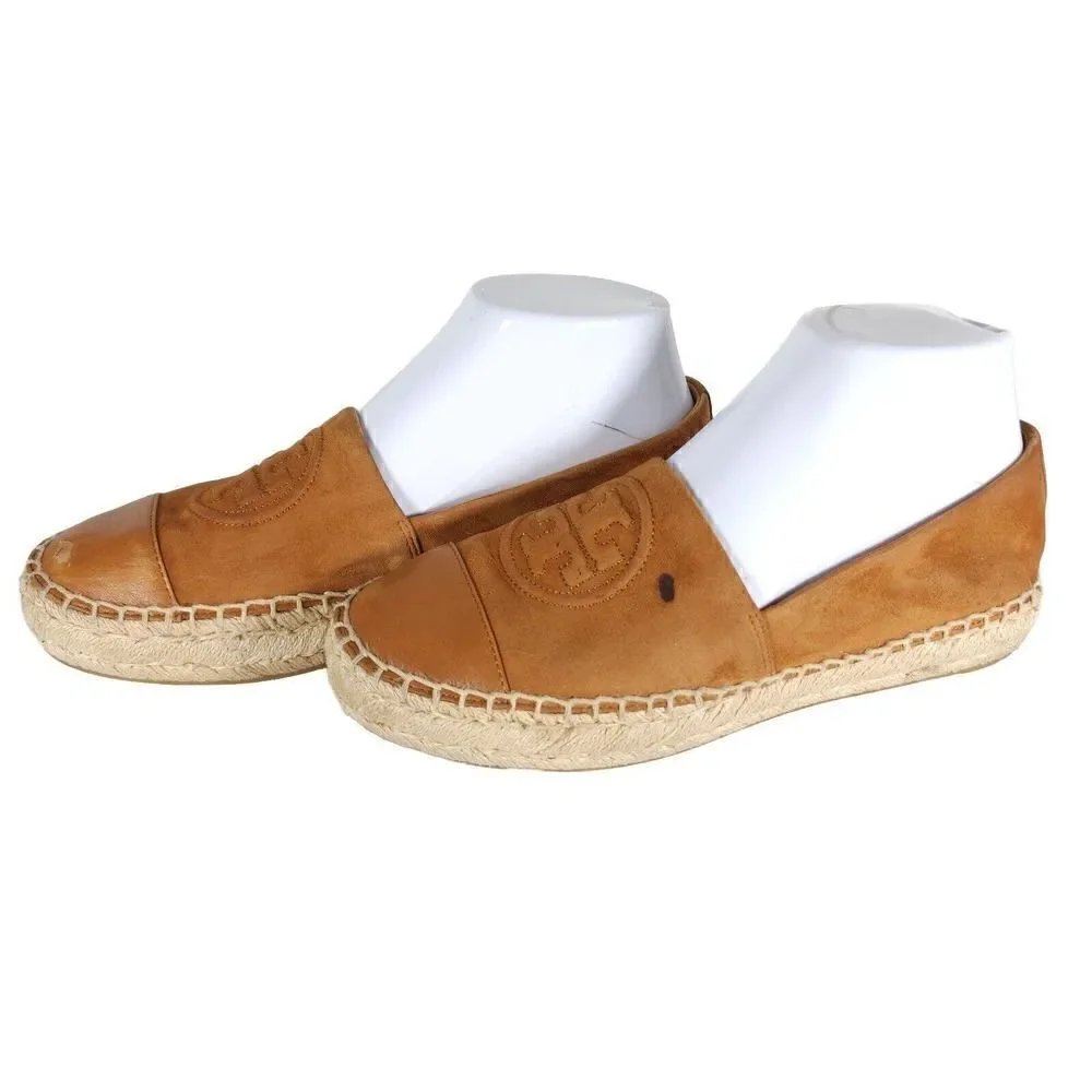 Tory Burch Women's US 7,5M Brown Leather Suede Flats Slip-On Espadrilles Shoes